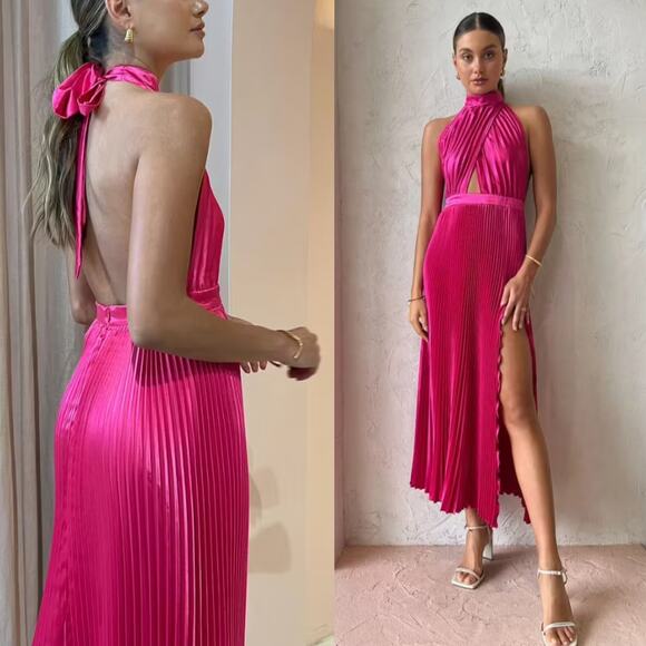 L'IDEE Renaissance Split Gown Maxi Dress Punch Pink NWT - Picture 1 of 15
